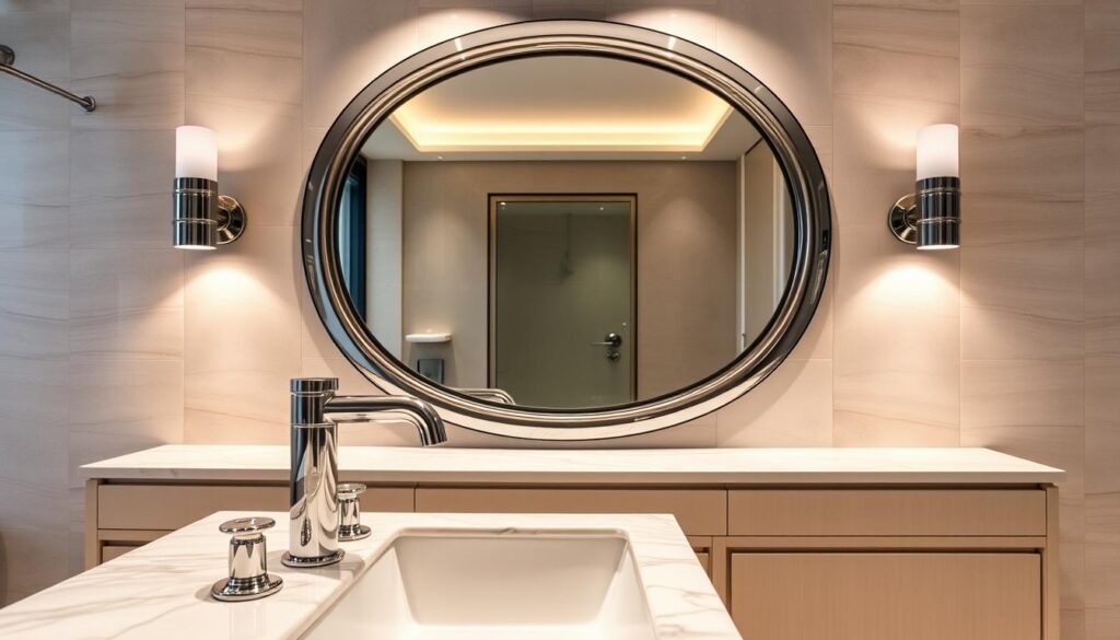 A luxurious bathroom vanity with gleaming chrome fixtures, polished stone countertop, and soft ambient lighting. In the foreground, a modern rectangular sink with a sleek faucet. In the middle, a large oval mirror with an elegant metallic frame reflects the space. The background features high-end wall tiles in a soothing neutral palette, complementing the overall sophisticated aesthetic. The scene evokes a sense of tranquility and understated elegance, befitting a luxury bathroom design.