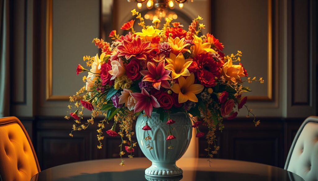 A luxurious bouquet of lush, vibrant flowers artfully arranged in an elegant ceramic vase, bathed in warm, golden lighting that casts a soft, romantic glow. The centerpiece is surrounded by delicate floral sprigs cascading gracefully down the sides, creating a visually captivating and harmonious display. Subtle shadows and reflections add depth and dimension, while the overall composition evokes a sense of refined sophistication and natural beauty, perfectly suited to adorn a well-appointed living room or dining area.