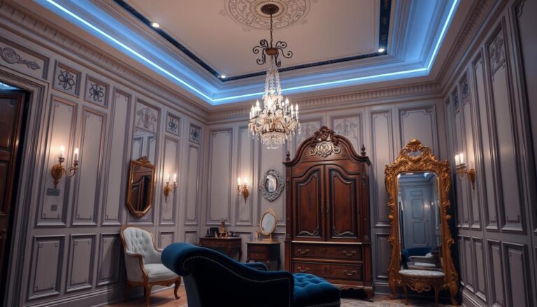 A luxurious dressing room with intricate wall paneling, ornate chandeliers casting a warm, ambient glow. Plush velvet chaise lounge and a large, gilded-framed mirror reflecting the space. Antique-inspired furniture pieces, including a vanity table and armoire, blend seamlessly with modern elements like sleek track lighting. The room exudes an air of sophistication and timeless elegance, creating the perfect setting to prepare for the day or unwind in the evening.