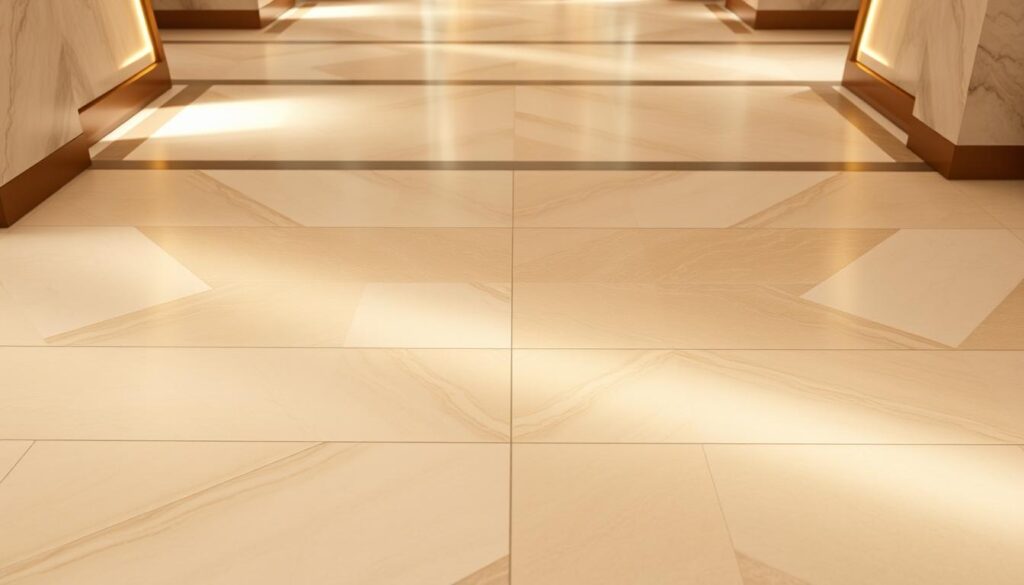 A luxurious, modern floor design with a chic, high-end aesthetic. Sleek, geometric patterns in a neutral color palette of beige, grey, and white tiles. The tiles are arranged in a visually striking, symmetrical layout, creating an elegant, minimalist look. Soft, diffused lighting casts a warm, inviting glow, highlighting the subtle textures and patterns of the flooring. The scene is captured from a low, angled perspective, emphasizing the clean lines and sophisticated style of the flooring design. An atmosphere of sophistication, refinement, and contemporary style pervades the image.