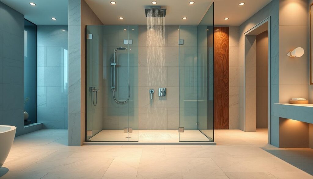 A luxurious walk-in shower set in a spacious, elegantly tiled bathroom. The shower features a frameless glass enclosure, sleek chrome fixtures, and a rainfall showerhead that cascades onto a large, smooth stone floor. Soft, warm lighting bathes the space, creating a tranquil, spa-like ambiance. The background showcases a neutral color palette with hints of natural stone and wood accents, adding to the overall sense of sophistication and relaxation. The camera angle captures the shower from a slightly elevated perspective, highlighting the impressive scale and attention to detail in the design.