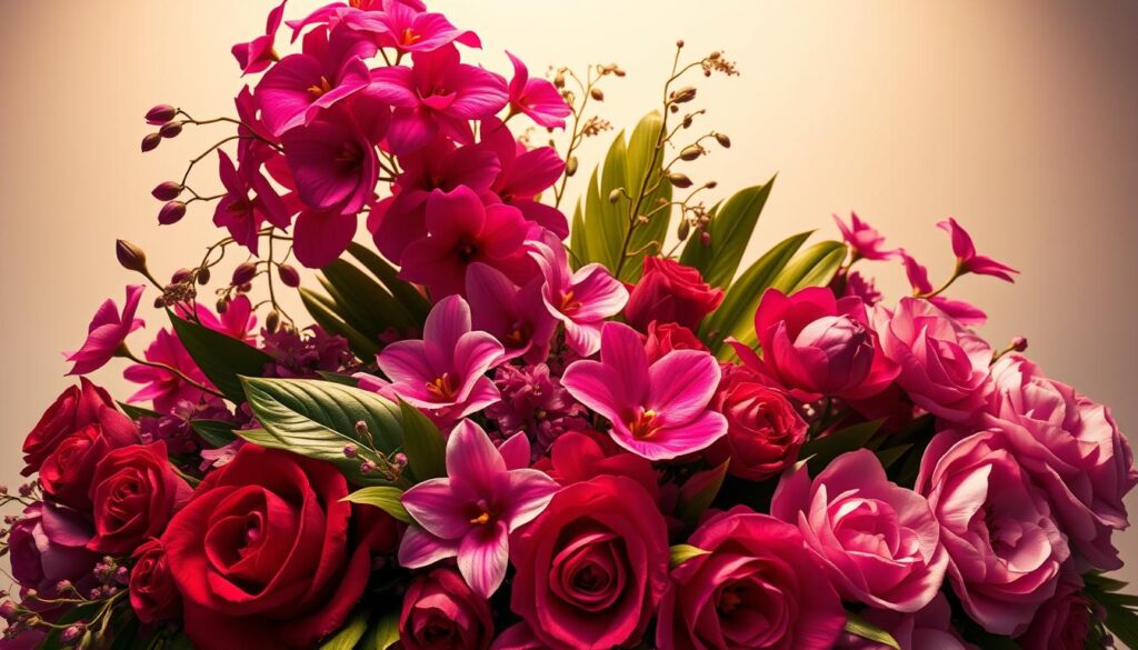 A luxuriously opulent floral display, captured in high-resolution detail. In the foreground, an intricate bouquet of exotic blooms in rich, vibrant hues - lush, velvety roses in deep crimson, delicate orchids in shimmering shades of violet, and sumptuous peonies in a spectrum of pinks. The middle ground showcases a cascading arrangement of tropical foliage, with large, glossy leaves and ethereal tendrils. Soft, diffused lighting from above casts a warm, golden glow, accentuating the opulent textures and creating a sense of elegance and refinement. The background is a minimal, seamless backdrop, allowing the vibrant flowers to take center stage and command attention. This ensemble evokes a mood of unparalleled luxury, perfect for adorning the most discerning of homes.
