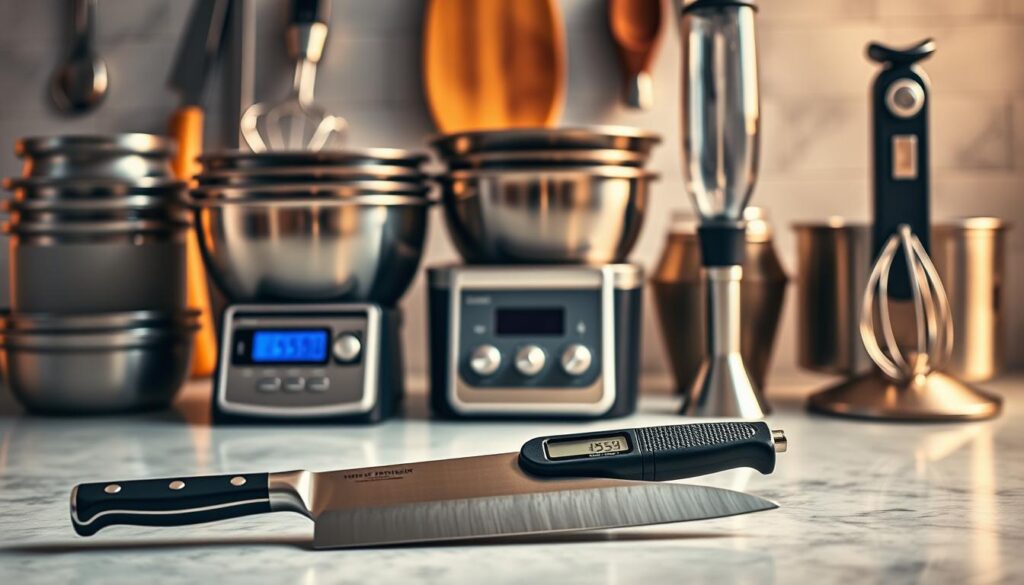 A meticulously arranged ensemble of high-precision cooking tools, bathed in warm, soft lighting and captured from an overhead perspective. In the foreground, a surgical steel chef's knife rests alongside a digital food thermometer, their gleaming surfaces reflecting the gentle illumination. In the middle ground, a set of nested stainless steel mixing bowls, a pair of digital kitchen scales, and a sleek immersion blender stand in perfect alignment, hinting at the culinary mastery they enable. In the background, the tools fade into a softly blurred backdrop, drawing the viewer's eye to the central focus of these specialized implements designed to deliver restaurant-quality results in the home kitchen.