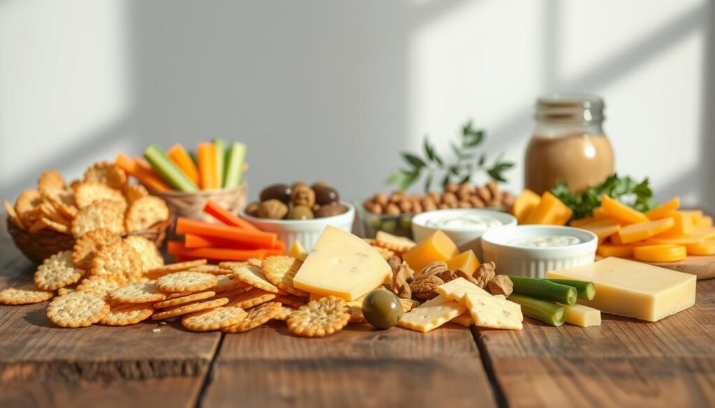 A meticulously arranged still life scene of various savory keto snacks on a rustic wooden table, bathed in soft, natural lighting. In the foreground, an assortment of crunchy keto-friendly crackers, veggie sticks, and cheese slices. In the middle ground, a selection of olives, nuts, and keto-approved dips and spreads. The background features a simple, minimalist setting with a neutral-toned wall or backdrop, emphasizing the simple, wholesome nature of these no-cook, satisfying keto snacks. The overall mood is clean, fresh, and inviting, showcasing these convenient and nutritious keto-friendly options.