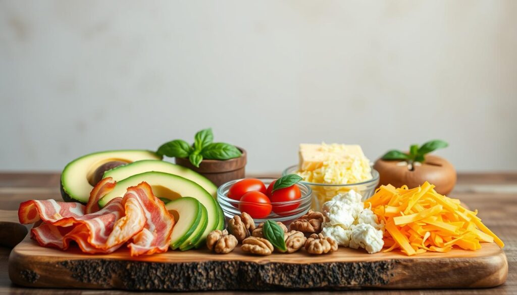 A meticulously composed still life showcasing a selection of keto-friendly snack ingredients. In the foreground, a rustic wooden board displays an assortment of low-carb essentials: slices of crisp, salty bacon, wedges of creamy avocado, crunchy walnut halves, and shredded cheddar cheese. In the middle ground, a small glass bowl holds a handful of juicy cherry tomatoes and a sprinkling of fresh, fragrant basil leaves. The background features a plain, neutral-toned wall, allowing the natural colors and textures of the ingredients to take center stage. The lighting is soft and diffused, creating a warm, inviting atmosphere and highlighting the rich, earthy tones of the whole food items. Overall, the composition conveys a sense of simplicity, healthfulness, and culinary inspiration for quick, easy keto snacking.