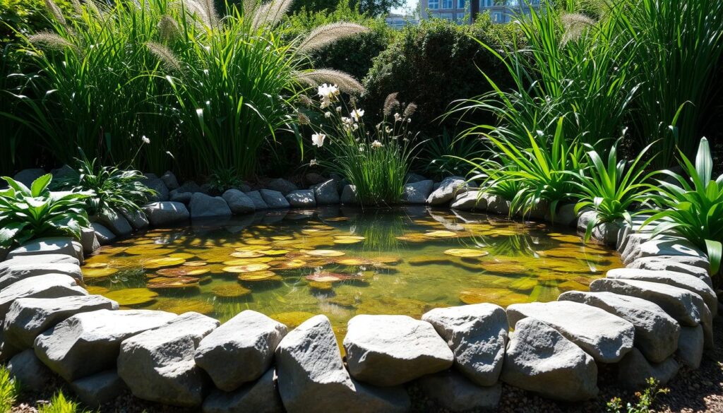 A meticulously crafted small garden pond, nestled amidst lush, vibrant greenery. In the foreground, smooth stones line the pond's edge, creating a natural, rustic aesthetic. Clear, tranquil water reflects the surrounding foliage, evoking a sense of serenity. Midground features a mix of aquatic plants, their verdant leaves and delicate flowers cascading gracefully into the water. In the background, a mix of tall, swaying grasses and shrubs create a gentle, sheltering frame, with dappled sunlight filtering through the canopy above. The overall atmosphere is one of peaceful, harmonious coexistence between the man-made and the natural, a harmonious small-scale oasis.