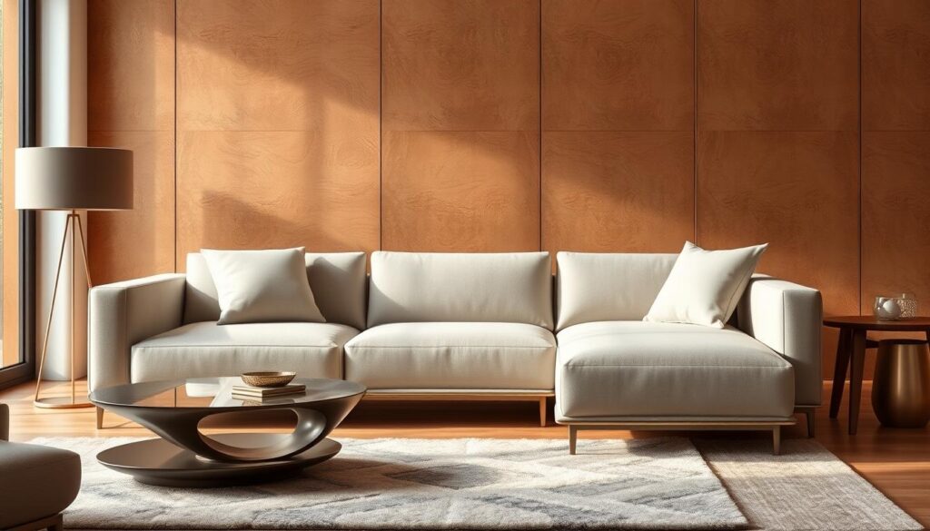 A meticulously designed modern living room with a striking, minimalist sofa as the focal point. The sofa features a sleek, low-profile silhouette with clean lines and a smooth, neutral-toned upholstery, possibly in a soft linen or velvet texture. The sofa is positioned against a backdrop of warm, earthy tones, perhaps a textured accent wall or large windows letting in ample natural light. The room is tastefully accented with carefully curated decor elements, like a sculptural coffee table, plush area rug, and subtle metallic accents, creating a harmonious and inviting atmosphere. The overall composition emphasizes the material qualities and modern aesthetic of the sofa design.