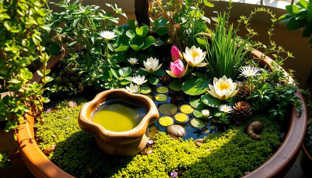 A miniature water garden in a cozy, sun-dappled container, showcasing a tranquil pond filled with lush aquatic plants. In the foreground, a sculptural ceramic birdbath or shallow stone basin glistens with clear water, surrounded by a carpet of delicate mosses and tiny flowering ground covers. The middle ground features a variety of compact water lilies, lotus, and other aquatic flora in a carefully curated palette of greens, whites, and vibrant accents. Lush, overflowing foliage cascades from the container's edges, creating a sense of verdant abundance in this intimate, nature-inspired tableau. Warm, soft lighting filters through the scene, evoking a serene, inviting atmosphere perfect for a small, urban oasis.