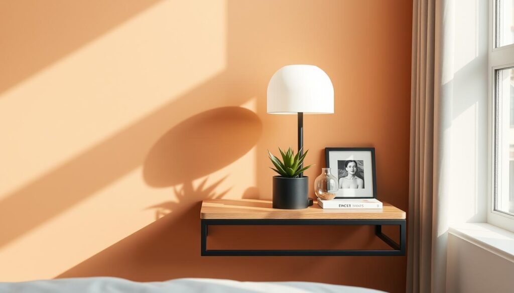 A minimalist yet stylish contemporary bedside table set against a warm, neutral-toned wall. The table has a sleek, floating design with a wooden top and matte black metal frame. On the table, a potted succulent and a modern table lamp with a rounded white shade cast a soft, ambient glow. The arrangement is accented by a few carefully placed decorative elements, such as a glass vase and a small framed artwork. The scene is bathed in natural light from a nearby window, creating shadows and highlights that add depth and dimension to the composition.