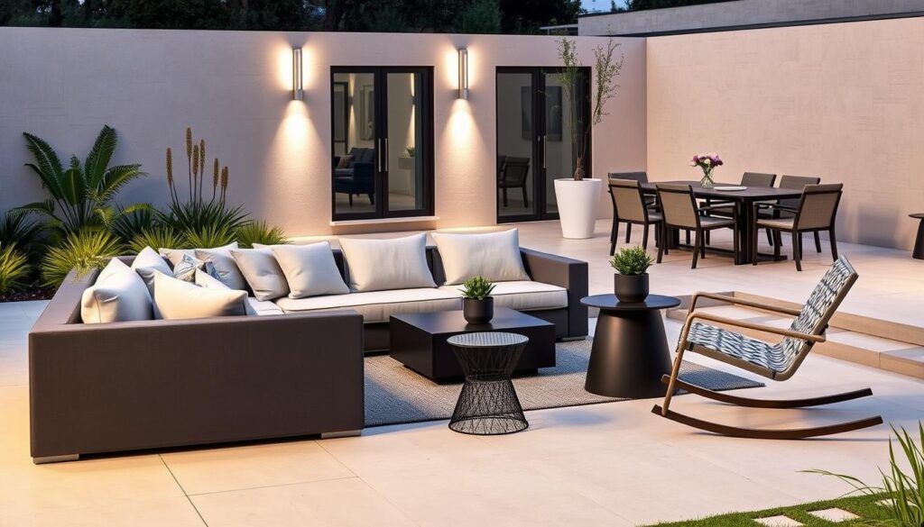 A modern and stylish outdoor living space, showcasing a variety of smart furniture ideas. In the foreground, a sleek modular sofa arrangement with plush cushions and an integrated side table, positioned for optimal conversation and relaxation. The middle ground features a unique rocking chair with a subtle geometric pattern, complemented by a compact side table with a built-in planter. In the background, a minimal and weatherproof dining set with a tempered glass tabletop and minimalist chairs, all arranged under the warm glow of carefully placed outdoor lighting fixtures. The overall scene conveys a sense of sophistication, functionality, and a harmonious blend of form and function, perfect for any chic and contemporary outdoor oasis.