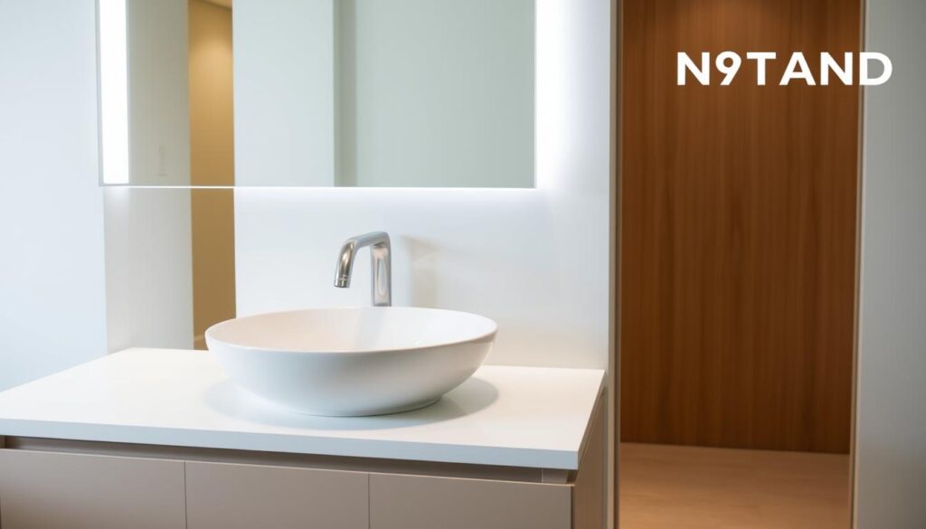 A modern bathroom with a statement sink installed, showcasing clean lines and elegant design. The sink is positioned prominently on a sleek countertop, with a well-lit backdrop highlighting its minimalist aesthetic. The installation process is meticulously documented, revealing the careful consideration of water supply, drainage, and any necessary cabinetry modifications. The overall scene conveys a sense of refinement and attention to detail, reflecting the practical considerations of elevating a bathroom space with a statement-making sink.