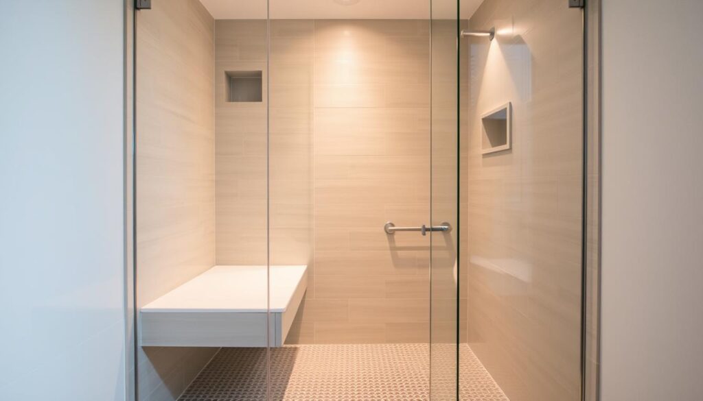A modern, budget-friendly walk-in shower with clean lines and efficient use of space. A simple, minimalist tile pattern in neutral tones covers the floor and walls, creating a sense of openness. Strategically placed lighting fixtures cast a warm, ambient glow, revealing the shower's sleek, frameless glass enclosure. In the foreground, a built-in bench offers a practical seating option, while the background showcases a recessed niche for storing essential toiletries. The overall atmosphere is one of understated elegance and functionality, making this an appealing and affordable walk-in shower design.