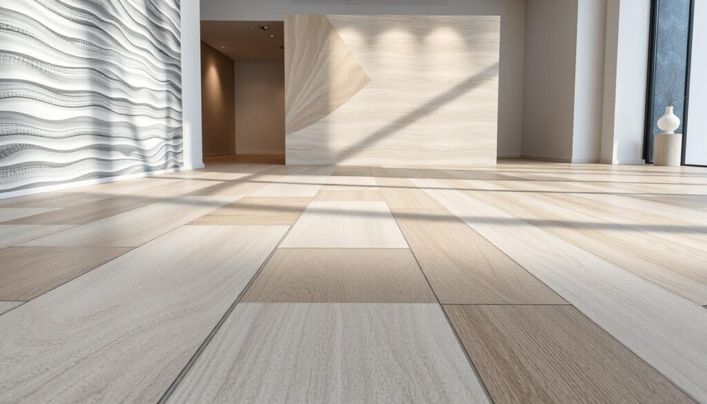 A modern, high-end flooring showroom with sleek, textured surfaces. The foreground features various 3D tile patterns with subtle undulations, matte finishes, and interlocking geometric designs in a neutral color palette of grays, beiges, and whites. The middle ground showcases larger format tiles or planks with a light wood grain effect, creating a sense of depth and dimension. The background has a minimalist, gallery-like setting with clean white walls and carefully curated lighting that casts dramatic shadows, highlighting the tactile qualities of the flooring. Overall, the scene conveys a sophisticated, contemporary atmosphere that encourages the viewer to imagine how these innovative textures and patterns could transform a living space.