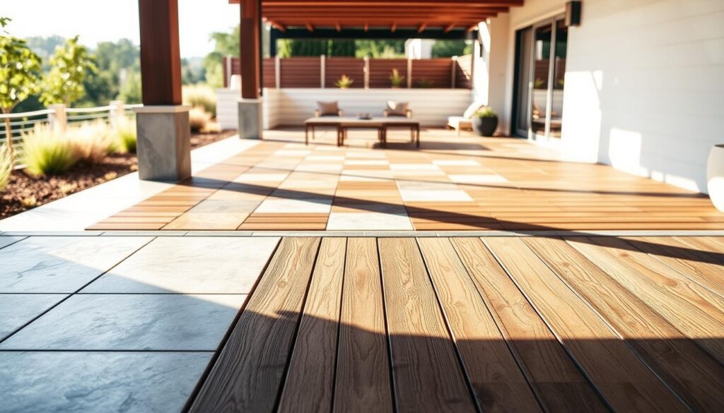 A modern, inviting patio with a variety of high-quality flooring options arranged in a tasteful, cohesive display. The foreground showcases a range of contemporary materials like sleek porcelain tiles, smooth concrete pavers, and weathered wood planks. The middle ground features a selection of natural stone tiles and textured composite decking, all bathed in warm, directional lighting that casts inviting shadows. In the background, a softly blurred garden or landscape sets a serene, tranquil atmosphere. The composition is balanced, the materials are visually distinct yet harmonious, and the entire scene conveys a sense of sophistication and livable luxury.