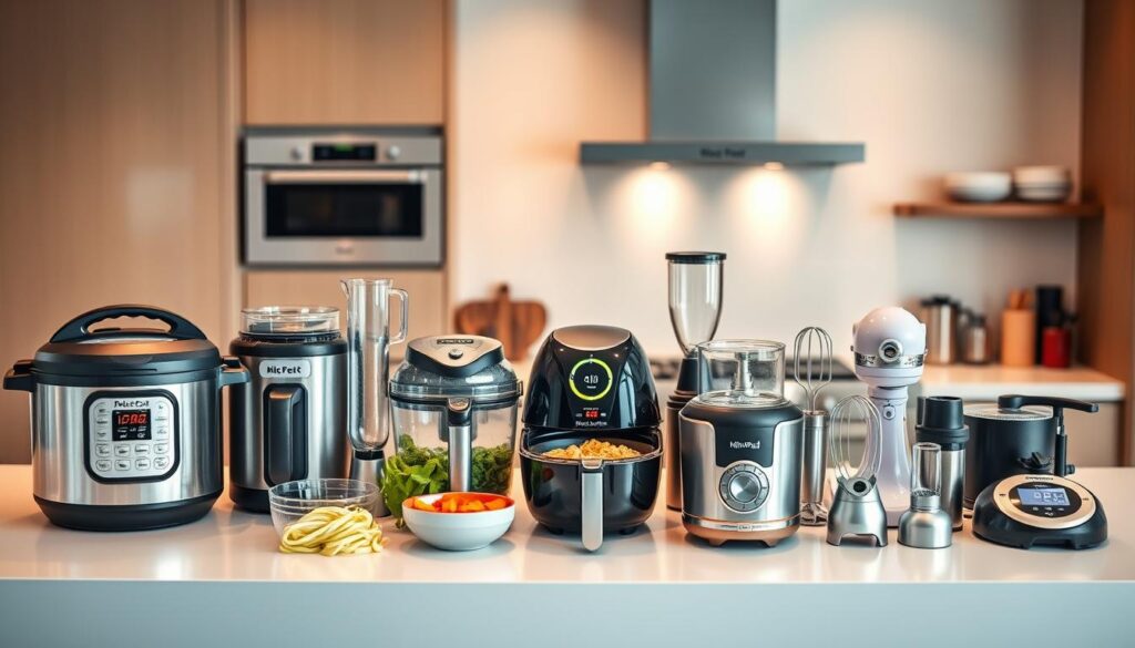 A modern kitchen with a variety of time-saving cooking gadgets neatly arranged on a sleek, minimalist countertop. In the foreground, a programmable pressure cooker, an electric spiralizer, and a multi-function food processor take center stage. In the middle ground, a high-tech sous vide immersion circulator, a compact air fryer, and a versatile stand mixer with various attachments are displayed. In the background, a high-end blender, a digital instant-read thermometer, and a sophisticated hand mixer complete the scene. The kitchen is bathed in warm, diffused lighting, creating a cozy and inviting atmosphere for the busy home chef.