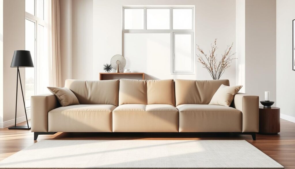 A modern living room with a sleek, contemporary sofa as the focal point. The sofa is made of high-quality materials, such as plush velvet or smooth leather, in a neutral color palette that complements the minimalist design. The lighting is soft and warm, creating a cozy and inviting atmosphere. The room is filled with natural light streaming through large windows, casting a gentle glow on the sofa. The background features clean, minimalist walls and accents, such as a geometric-patterned rug or a simple, modern art piece, to allow the sofa to be the star of the scene. The overall mood is one of sophistication, comfort, and timeless style.