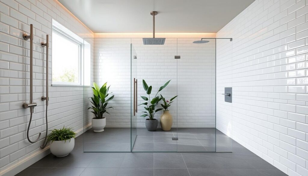 A modern, minimalist 2023 walk-in shower design, featuring a spacious, glass-enclosed layout with sleek, brushed metal fixtures and a rain shower head. The shower floor is covered in large, matte gray tiles, creating a clean, seamless look. Warm, indirect lighting casts a gentle glow, while the walls are adorned with simple, white subway tiles that reflect the light, enhancing the sense of openness. The shower is positioned in front of a large window, allowing natural light to flood the space and create a serene, spa-like ambiance. Lush, potted plants add a touch of greenery, complementing the minimalist aesthetic.