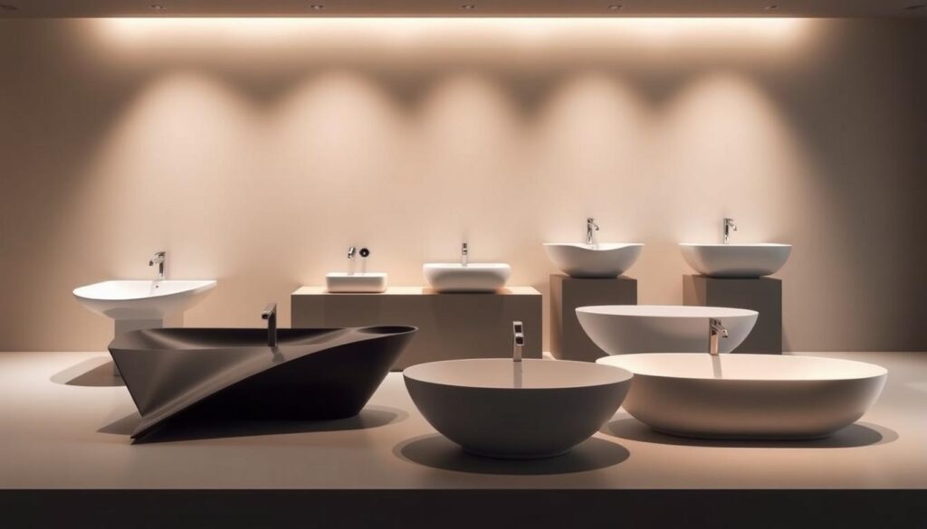 A modern, minimalist bathroom setting with a series of innovative sink designs taking center stage. The sinks feature a mix of geometric shapes, clean lines, and smooth curves, creating a visually striking and unique display. The sinks are lit from above with warm, diffused lighting, casting soft shadows that accentuate their forms. The background is a serene, muted palette, allowing the sinks to be the focal point. The overall atmosphere is one of refined elegance and contemporary style, showcasing the latest advancements in modern sink design.
