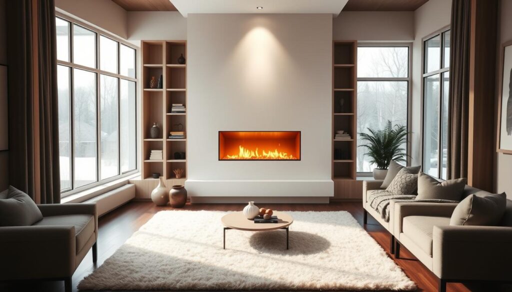 A modern, minimalist fireplace design set in a small, cozy living space. A sleek, linear fireplace insert with a pristine white surround is the focal point, bathed in warm, diffused lighting that creates a inviting ambiance. The fireplace is flanked by built-in shelving units in a light wood tone, providing ample storage and display space. Large windows flood the room with natural light, while a plush, neutral-toned rug and cozy seating arrangements complete the intimate, hygge-inspired setting. The overall mood is one of understated elegance and relaxation.