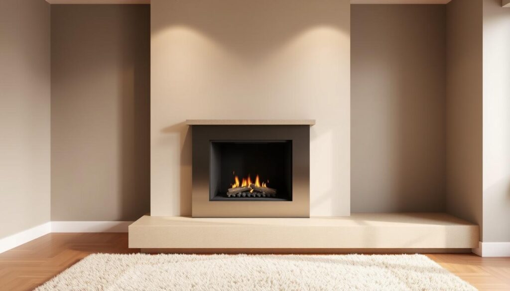 A modern, minimalist fireplace design with clean lines and a sleek aesthetic. The fireplace is set against a backdrop of neutral-toned walls, creating a harmonious and calming atmosphere. The fireplace itself features a rectangular, understated design with a simple, brushed metal surround. The mantel is made of a natural, smooth stone, adding a touch of warmth and texture to the space. The lighting is subtle, with recessed lighting fixtures that cast a soft, ambient glow, creating a cozy and inviting ambiance. The floor in front of the fireplace is adorned with a plush, neutral-colored rug, adding a tactile element to the space. The overall design is a balance of modern simplicity and natural, earthy elements, creating a sophisticated and welcoming atmosphere. Prompt