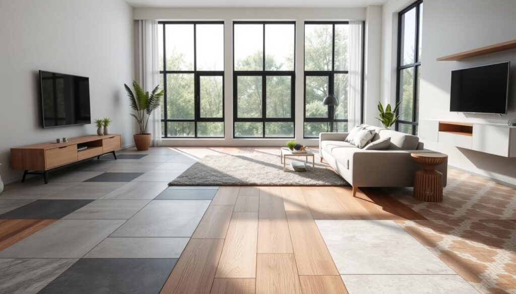 A modern, minimalist living room with a variety of contemporary flooring options. The foreground features a variety of tile patterns, including sleek concrete-look tiles, warm wood-look planks, and patterned geometric tiles. In the middle ground, a plush area rug in a muted color palette anchors the space. The background showcases large windows that let in abundant natural light, illuminating the diverse flooring textures and creating a bright, airy atmosphere. The overall mood is one of sophisticated simplicity, highlighting the beauty and versatility of modern flooring designs.