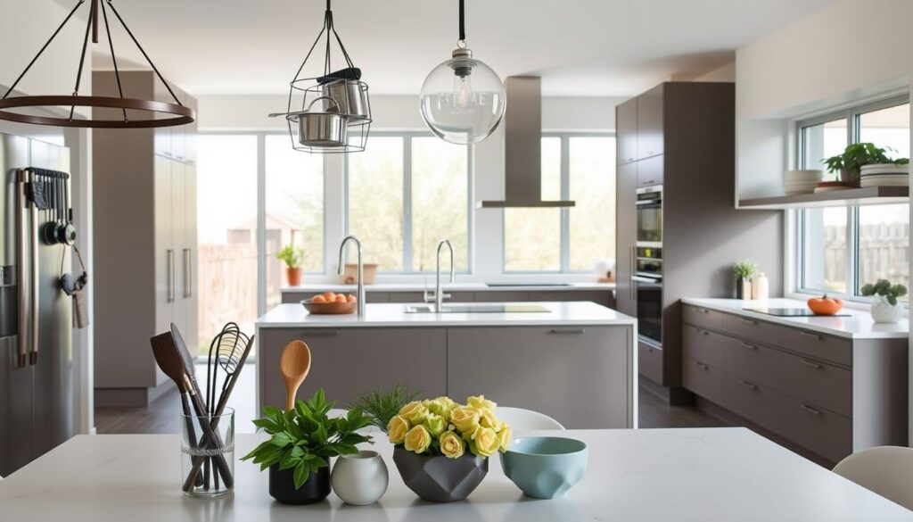 A modern, stylish IKEA kitchen with sleek, minimalist cabinetry and fixtures. In the foreground, an assortment of customized cooking and dining accessories, such as a repurposed IKEA pot rack, personalized utensil holders, and a chic DIY backsplash. The middle ground features a generously-sized kitchen island with a quartz countertop and integrated storage. In the background, large windows flood the space with natural light, creating a bright, airy atmosphere. The overall scene exudes a high-end, designer look achieved through clever IKEA hacks and personalizations.