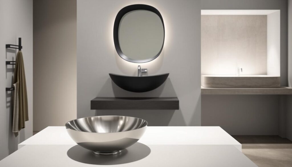 A modern, stylized bathroom showcasing a collection of contemporary sink designs. In the foreground, a sleek, minimalist vessel sink in polished stainless steel sits atop a floating vanity. Mid-ground, a curved, wall-mounted sink in matte black ceramic dominates the frame, complemented by a geometric, backlit mirror. In the background, a recessed alcove displays a shallow, rectangular sink in textured natural stone, casting soft, diffused light throughout the space. The overall scene exudes a sense of refined elegance, with clean lines, neutral tones, and strategic lighting used to highlight the statement-making sink designs.