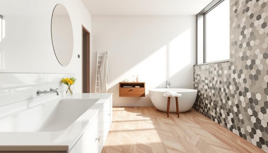 A modern, well-lit bathroom featuring a mix of budget-friendly tile trends for 2025. In the foreground, a glossy, subway-tiled backsplash in a soft neutral tone creates a clean, minimalist aesthetic. In the middle ground, a textured, wood-look tile in a herringbone pattern covers the floor, adding warmth and visual interest. The background showcases a stunning accent wall with a geometric, mosaiced tile design in a bold, jewel-toned color, adding a pop of personality. Natural light streams in through a large window, highlighting the texture and depth of the various tile surfaces. The overall mood is one of contemporary sophistication and accessible, on-trend design.
