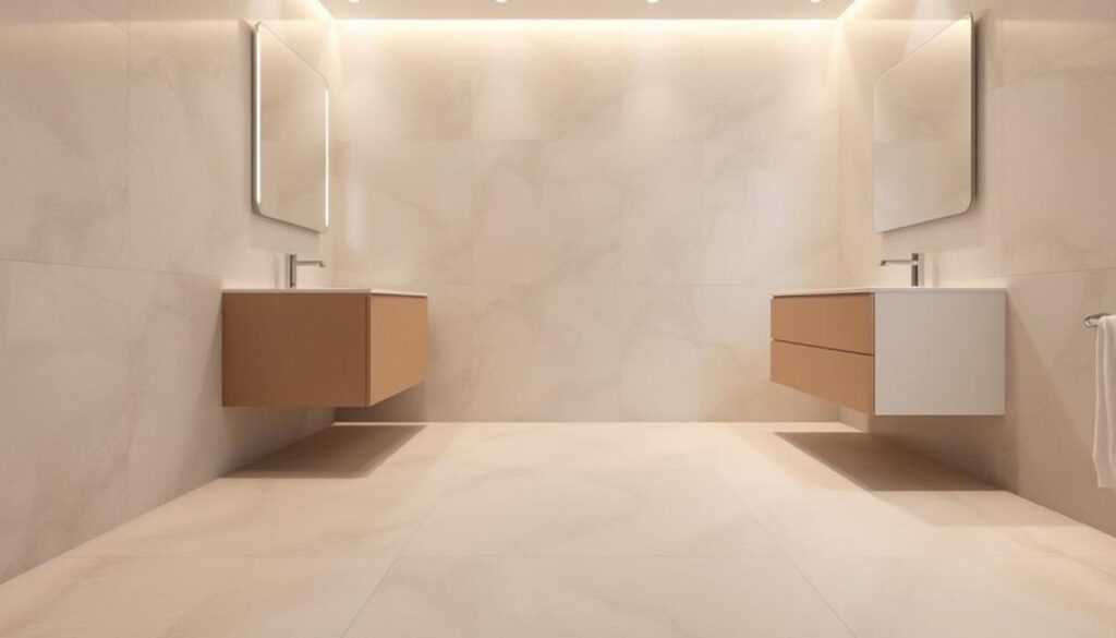 A modern, well-lit bathroom with sleek, minimalist flooring. The tile is a neutral, matte finish with a subtle pattern, arranged in a contemporary, geometric layout. The lighting is bright and even, casting a warm, inviting glow. The bathroom fixtures, such as the vanity and mirror, are minimalist in design, creating a harmonious, cohesive look. The overall atmosphere is clean, sophisticated, and stylish, reflecting the latest trends in modern bathroom design.
