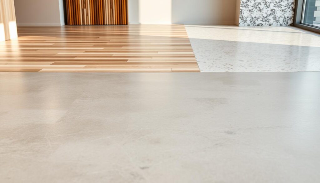A modern, well-lit interior showcasing an array of trendy flooring materials. In the foreground, a smooth, glossy concrete slab with subtle tonal variations reflects the room's ambient lighting. In the middle ground, bamboo and engineered wood planks in clean, linear patterns create a visually striking contrast. In the background, a polished terrazzo tile surface with flecks of color subtly enhances the overall material palette. The scene conveys a sense of minimalist elegance, highlighting the versatility and visual appeal of contemporary flooring design.