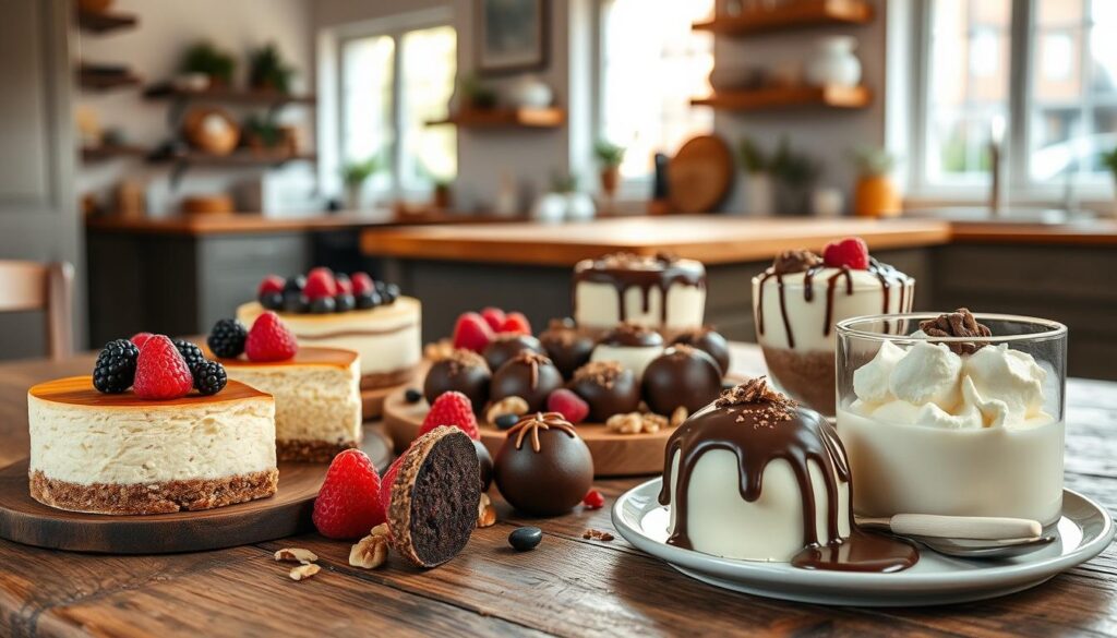 A mouthwatering display of delectable keto-friendly desserts, captured in a warm, inviting setting. In the foreground, a sumptuous array of sugar-free treats, such as creamy cheesecake, decadent chocolate truffles, and luscious panna cotta, all arranged on a rustic wooden table. The middle ground features a mix of fresh berries, nuts, and a drizzle of rich chocolate, complementing the desserts' flavors. The background is a cozy, inviting kitchen, with natural light streaming in through large windows, casting a soft, golden glow over the scene. The overall atmosphere is one of indulgence and satisfaction, inviting the viewer to forget they're on a diet and savor the guilt-free pleasures of these irresistible keto desserts.