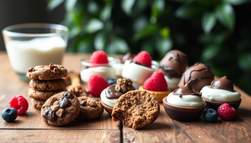 A mouthwatering display of keto-friendly dessert snacks on a rustic wooden table. In the foreground, an assortment of bite-sized almond flour cookies, dark chocolate fat bombs, and creamy coconut cream cups, artfully arranged. Soft, natural lighting illuminates the delectable treats, highlighting their rich, indulgent textures. In the middle ground, a few low-carb berries, such as raspberries and blueberries, add pops of vibrant color, complementing the earthy tones of the desserts. The background features a subtle, out-of-focus backdrop of lush greenery, suggesting a tranquil, serene setting. The overall atmosphere evokes a sense of guilt-free indulgence and satisfying sweetness, perfect for the "Sweet Tooth Satisfiers: Quick Keto Dessert Snacks" section.