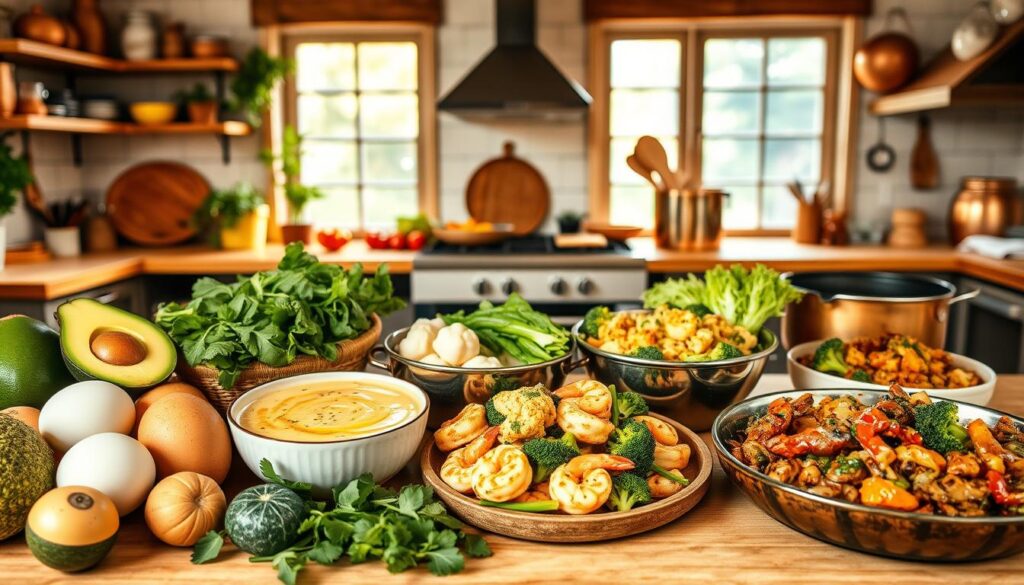 A mouthwatering spread of budget-friendly keto recipes, captured in a warm, inviting kitchen setting. In the foreground, an array of fresh ingredients like avocado, eggs, and leafy greens are arranged artfully. The middle ground features a selection of simple yet delicious keto dishes, such as a creamy cauliflower soup, a zesty shrimp stir-fry, and a hearty beef and broccoli stew. The background showcases a cozy, rustic kitchen with wooden shelves, copper pots, and natural lighting filtering in through large windows, creating a comforting and wholesome atmosphere. The overall scene conveys the idea of nourishing, affordable keto meals that can be easily prepared at home.