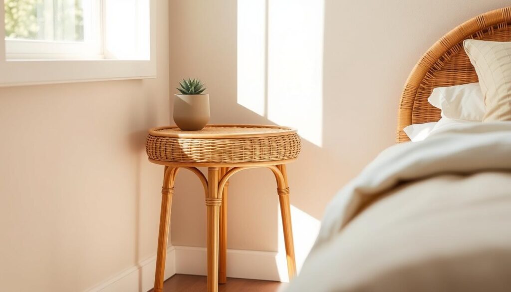 A natural rattan bedside table with a warm, organic texture stands in a cozy, sunlit bedroom. The table features a simple, minimalist design with a smooth, woven surface and slender, tapered legs. Soft, diffused lighting from a nearby window casts a gentle glow, highlighting the intricate patterns and natural variations in the rattan. The table is positioned against a neutral, earthy-toned wall, creating a serene, calming atmosphere that complements the natural materials. A small, potted plant or decorative object sits atop the table, adding a touch of life and greenery to the scene.