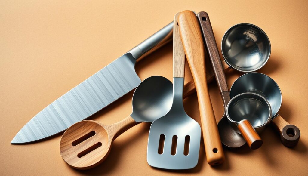 A neatly arranged assortment of high-quality kitchen utensils, including a sharp chef's knife, a stainless steel spatula, a wooden spoon, a sturdy ladle, and a set of measuring cups and spoons, all set against a warm, neutral background with soft, natural lighting. The utensils are placed in an artful, visually appealing manner, showcasing their form, function, and the quality craftsmanship that makes them essential tools for the discerning home chef. The overall mood is one of functionality, simplicity, and culinary inspiration.