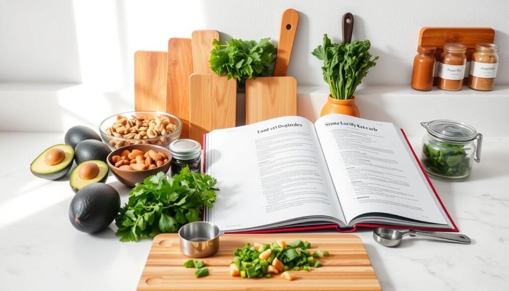 A neatly arranged kitchen counter with various keto-friendly ingredients such as avocados, nuts, leafy greens, and low-carb vegetables. In the foreground, a cutting board with freshly chopped ingredients, and a set of measuring cups and spoons. In the middle ground, a large, open recipe book lies open, showcasing simple, budget-friendly keto meal ideas. The background features a plain, white wall with natural lighting filtering in, creating a bright and minimalist atmosphere. The overall scene conveys a sense of simplicity, practicality, and cost-effectiveness, reflecting the "Money-Saving Keto Hacks and Substitutions" theme.