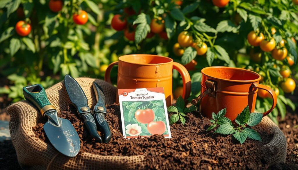 A neatly organized assortment of tomato gardening essentials, bathed in warm, natural lighting. In the foreground, a trowel, pruning shears, and gardening gloves sit atop a burlap sack filled with rich, loamy soil. In the middle ground, a terracotta pot and a packet of heirloom tomato seeds lie alongside a watering can with droplets glistening on its surface. The background features a lush, green backdrop of flourishing tomato plants, their leaves rustling gently in a soft breeze. The overall scene conveys a sense of tranquility, productivity, and the promise of a bountiful tomato harvest to come.