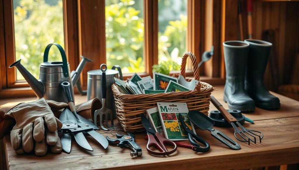 A neatly organized collection of essential gardening gear sits atop a wooden workbench, bathed in warm, natural light filtering through a large window. In the foreground, sturdy leather gloves, pruning shears, and a trowel are arranged with care. Behind them, a watering can, gardening trowel, and a pair of gardening boots stand ready for the day's tasks. In the middle ground, a woven basket overflows with packets of vibrant seeds, while a pair of garden shears and a small hand fork peek out from the basket's contents. In the background, glimpses of lush, green foliage can be seen through the window, hinting at the thriving garden beyond. The overall scene conveys a sense of thoughtful preparation and a deep connection to the natural world.