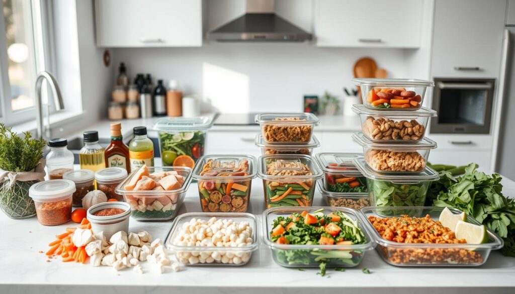 A neatly organized kitchen counter displaying an assortment of keto-friendly ingredients and meal prep containers. In the foreground, various chopped vegetables, lean protein sources, and low-carb condiments are arranged with precision. The middle ground features several meal-prepped containers filled with keto-compliant dishes, including salads, stir-fries, and protein-rich casseroles. The background offers a glimpse of a minimalist kitchen, with clean white countertops and natural lighting streaming in through a nearby window, creating a bright and airy atmosphere. The overall scene conveys a sense of efficiency, organization, and a commitment to a budget-friendly, healthy ketogenic lifestyle.
