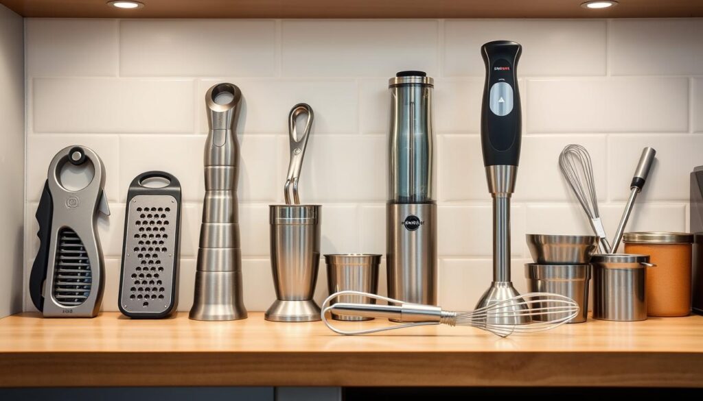 A neatly organized kitchen counter displaying an assortment of versatile cooking tools, including a multi-purpose can opener, a collapsible grater, a sleek handheld blender, a set of measuring cups, and a stainless steel whisk. The utensils are arranged in a visually appealing manner, showcasing their compact and functional design. The lighting is soft and evenly distributed, highlighting the brushed metal finishes and clean lines of the accessories. The overall atmosphere conveys a sense of efficiency and practicality, ideal for small kitchens where space is at a premium.