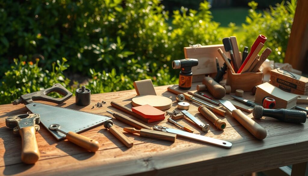 A neatly organized workbench with an assortment of hand tools essential for DIY garden furniture projects, including a saw, hammer, screwdriver set, sandpaper, and various woodworking tools. The scene is bathed in warm, natural lighting, casting soft shadows on the well-worn wooden surface. In the background, a lush green garden provides a tranquil, serene backdrop, hinting at the final destination for the handcrafted pieces. The overall atmosphere is one of thoughtful craftsmanship and a connection to the outdoors.