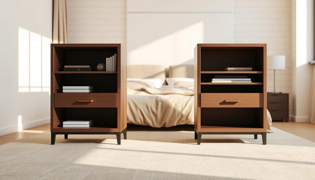 A pair of elegant, multi-functional nightstands occupy the foreground, their sleek, modern design featuring a combination of open shelves and discreet drawers for practical storage. The middle ground showcases a cozy, sun-dappled bedroom, with warm, diffused lighting illuminating the plush, neutral-toned bedding. In the background, a minimalist, whitewashed wall provides a clean, calming backdrop, allowing the nightstands to take center stage. The overall atmosphere exudes a sense of refined simplicity and functional harmony, perfectly encapsulating the essence of "Multi-Functional Storage Nightstands: Practical Elegance".
