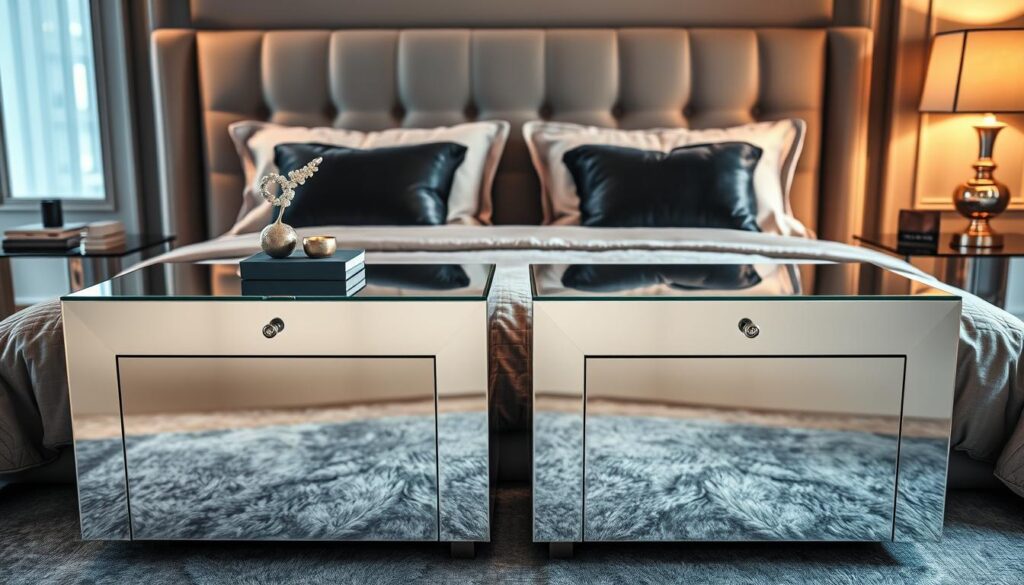 A pair of mirrored bedside tables stand elegantly in a luxurious bedroom. The tables feature a sleek, modern design with a reflective glass surface that creates a mesmerizing visual effect. Soft, warm lighting from a nearby sconce casts a gentle glow, accentuating the glamorous, mirror-like finish. The tables are positioned on either side of a plush, upholstered headboard, creating a harmonious, symmetrical arrangement. Lush, textured bedding and artfully placed decor items surrounding the tables complete the cohesive, high-end aesthetic. Crisp, high-resolution photography captures the scene, highlighting the alluring reflections and the overall sophisticated, glamorous atmosphere.