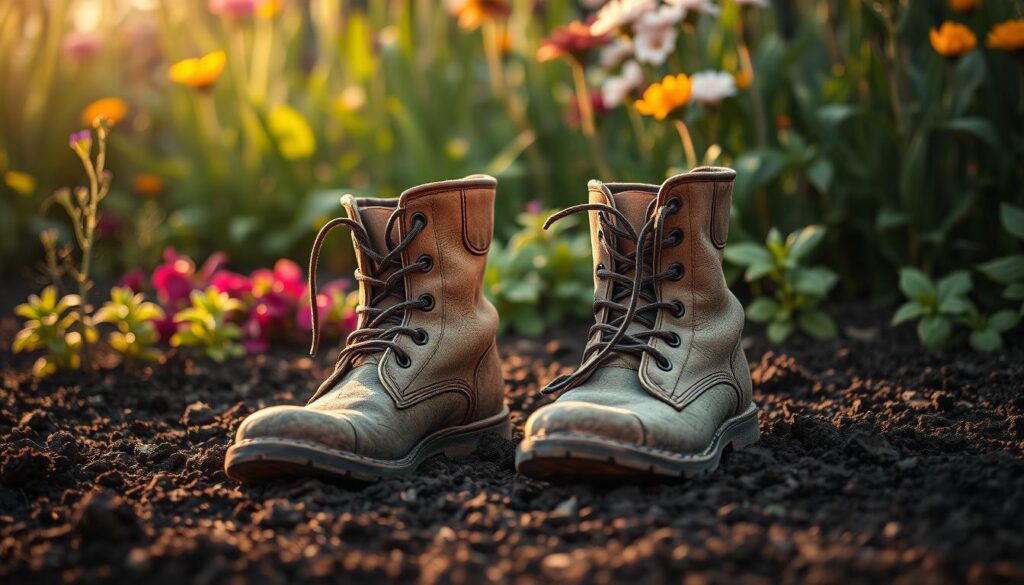 A pair of well-worn gardening boots, their leather scuffed and cracked, stand firmly on a bed of rich, dark soil. The boots are caked with a light dusting of earth, a testament to their hard work in the garden. In the background, a lush, vibrant assortment of plants and flowers sway gently in a soft breeze, their colors and textures reflecting the tranquility of the scene. Warm, golden light filters through the foliage, casting a natural, earthy glow over the entire composition. The boots are the focal point, their rugged design and utilitarian purpose conveying a sense of hard-earned accomplishment and the joy of tending to the land.