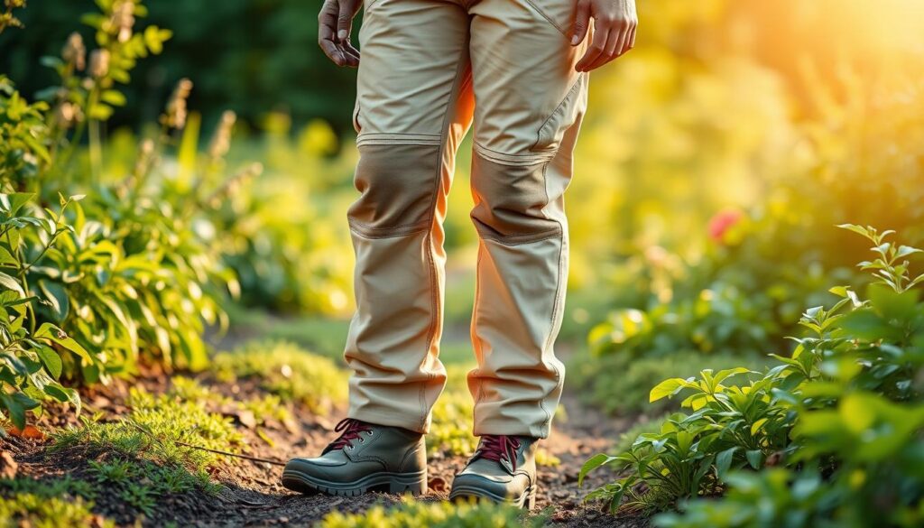 A person in a comfortable, practical gardening outfit stands in a lush, well-tended garden. The image focuses on the lower body, showcasing a pair of sturdy yet flexible gardening pants in a neutral, earthy tone. The pants feature reinforced knees and a relaxed, movement-friendly fit. The figure wears a pair of durable, weatherproof gardening boots with a subtle tread pattern, providing stability and protection on uneven terrain. Warm, diffused sunlight filters through the verdant foliage, creating a serene, inviting atmosphere. The overall composition emphasizes the importance of selecting the right gardening bottoms for a productive, enjoyable day of outdoor work.