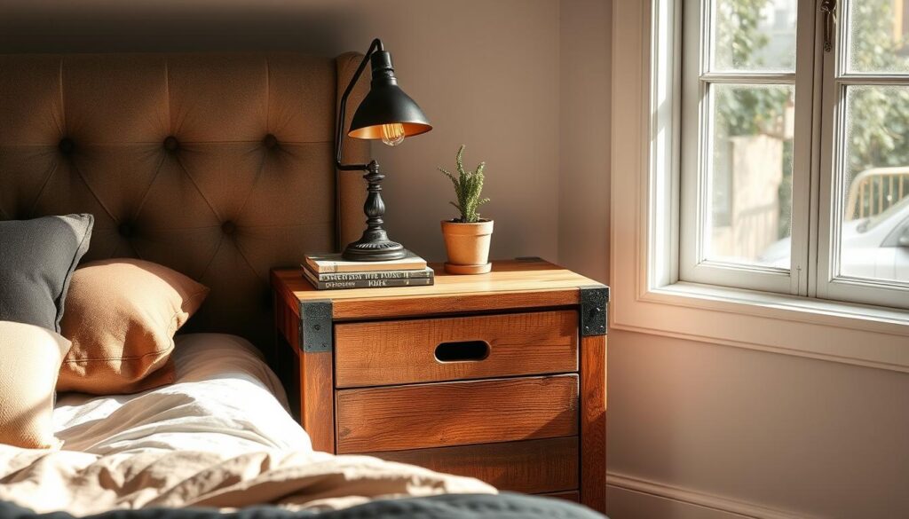 A rustic and charming upcycled bedside table in a cozy, well-lit bedroom. The table is crafted from reclaimed wood, featuring a distressed, weathered finish that adds character. On the tabletop, a vintage lamp casts a warm, ambient glow, complemented by a small potted plant and a stack of books. The table is positioned next to a plush, tufted headboard, creating a harmonious, eclectic vignette. Soft, natural light filters in through a large window, casting gentle shadows and highlights across the scene. The overall atmosphere is one of relaxation, creativity, and a touch of industrial-chic.