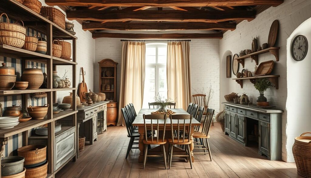 A rustic farmhouse interior with cozy natural elements. In the foreground, an assortment of aged, wooden shelves adorned with vintage-inspired décor - woven baskets, earthenware, and aged brass accents. The middle ground features a distressed wooden dining table surrounded by mismatched chairs, creating an inviting gathering space. Flowing linen curtains frame the large window, allowing soft, diffused natural light to filter in. In the background, exposed wooden beams and whitewashed walls lend an authentically rural ambiance. The overall atmosphere conveys a sense of warmth, simplicity, and lived-in charm, perfectly capturing the essence of farmhouse style.