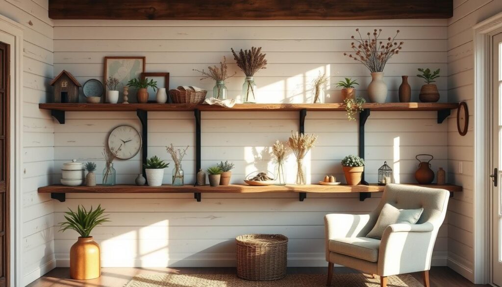 A rustic farmhouse shelf plan taking center stage, nestled in a sun-dappled room with warm, natural lighting. The shelves are made of weathered wood planks, supporting an assortment of vintage décor, potted plants, and Mason jars filled with dried flowers. The background features a shiplap wall, complemented by a cozy armchair and a woven rug, creating a charming, homey atmosphere. The composition is balanced, drawing the viewer's eye to the focal point of the shelves, while the overall scene evokes a sense of country-inspired coziness and thoughtful planning.