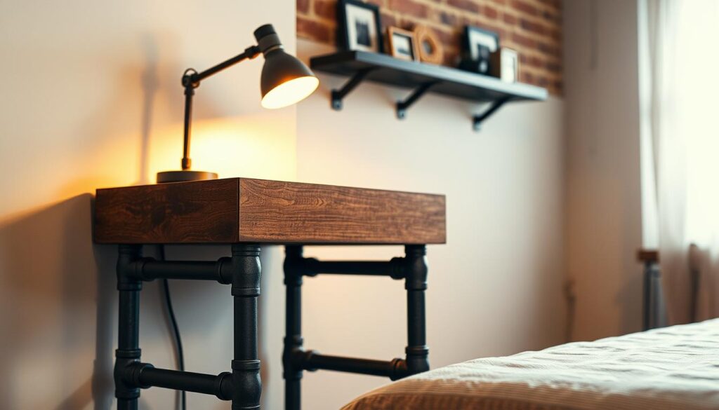A rustic industrial nightstand stands in the foreground, its sturdy steel pipe frame supporting a smooth wooden tabletop. The warm glow of a single lamp casts a cozy ambiance, highlighting the textured grain of the wood and the utilitarian charm of the metal elements. In the middle ground, a minimalist wall-mounted shelf displays a few decorative accents, while the background blends a hint of exposed brick with soft, neutral tones, creating an urban, loft-inspired atmosphere. The overall scene radiates a sense of modern, yet organic, design sensibility.