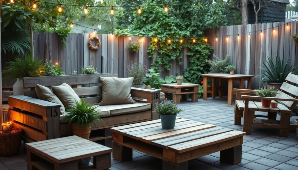 A rustic patio scene with a handcrafted pallet furniture set. In the foreground, a cozy loveseat and coffee table made from recycled wooden pallets, weathered and distressed for a charming, homespun aesthetic. Lush potted plants and a string of warm, twinkling lights add a relaxing ambiance. The middle ground features additional pallet pieces, such as a side table and a bench, arranged harmoniously. In the background, a backdrop of verdant foliage and a wooden fence, conveying a serene, nature-inspired atmosphere. Soft, diffused lighting casts a gentle glow, highlighting the organic textures and DIY craftsmanship. The overall mood is one of casual comfort and personal style, inviting the viewer to imagine gathering with friends and family in this cozy, handmade outdoor retreat.